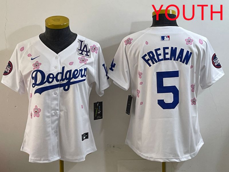 Youth Los Angeles Dodgers 5 Freeman White Sakura Edition 2025 Nike MLB Jersey style 4
